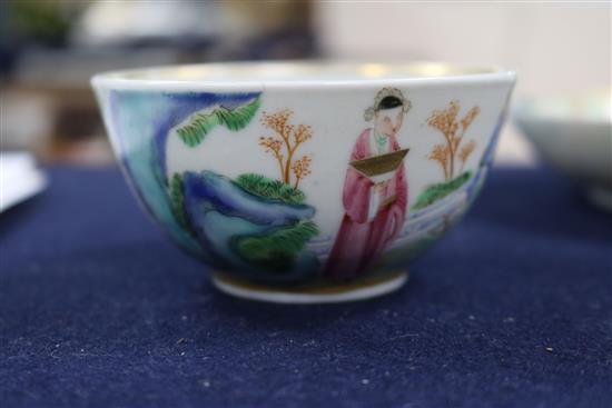 A Cantonese porcelain tea bowl and saucer, with gilt painted European monograms